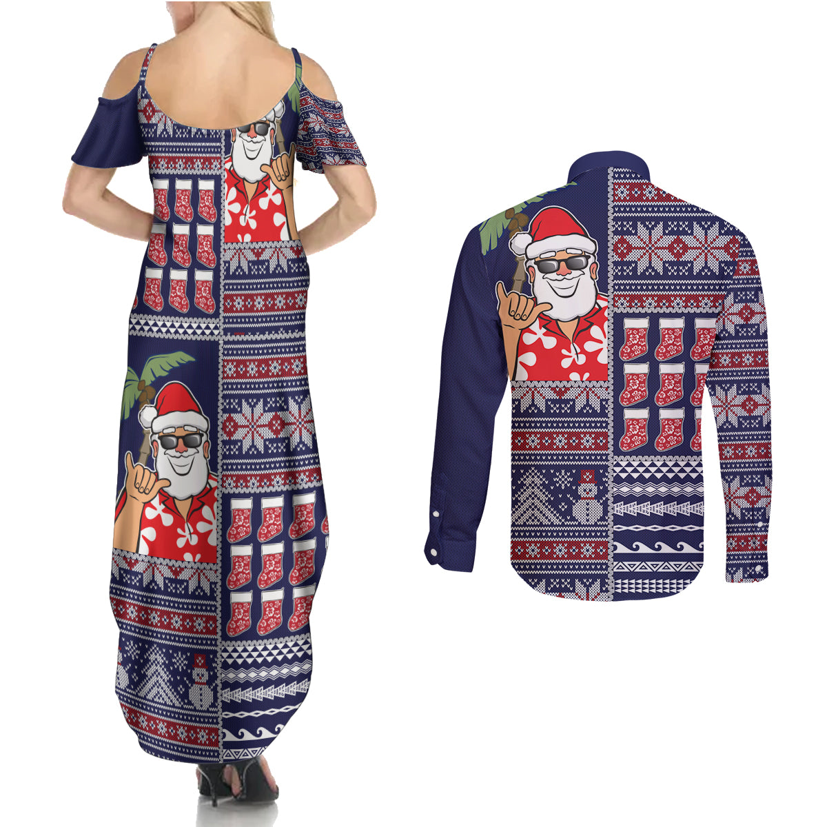 Hawaii Mele Kalikimaka Couples Matching Summer Maxi Dress and Long Sleeve Button Shirt Aloha and Christmas Elements Patchwork Blue Style LT03 - Polynesian Pride