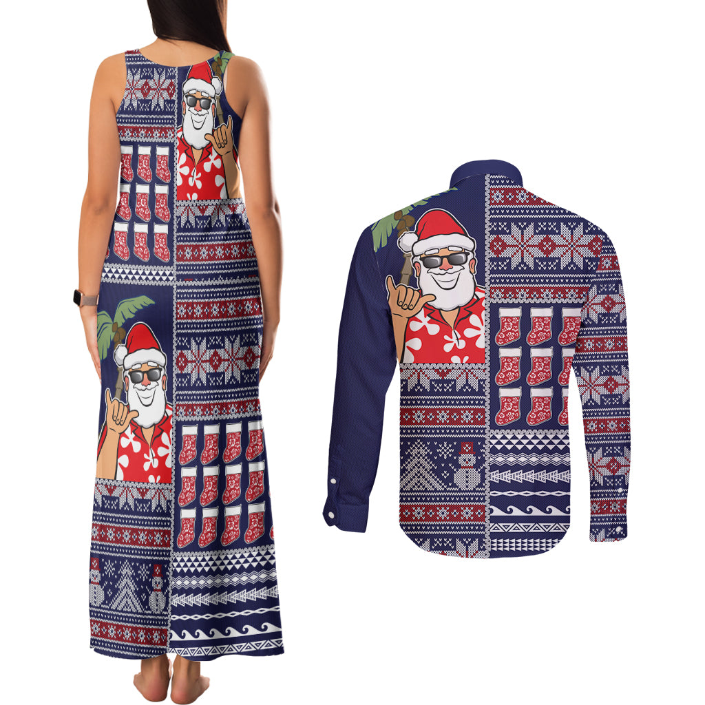 Hawaii Mele Kalikimaka Couples Matching Tank Maxi Dress and Long Sleeve Button Shirt Aloha and Christmas Elements Patchwork Blue Style LT03 - Polynesian Pride