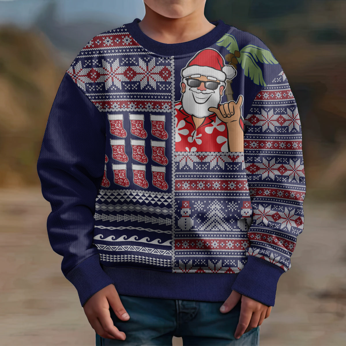 Hawaii Mele Kalikimaka Kid Ugly Christmas Sweater Aloha and Christmas Elements Patchwork Blue Style LT03 - Polynesian Pride