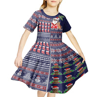 Hawaii Mele Kalikimaka Kid Short Sleeve Dress Aloha and Christmas Elements Patchwork Blue Style LT03 - Polynesian Pride