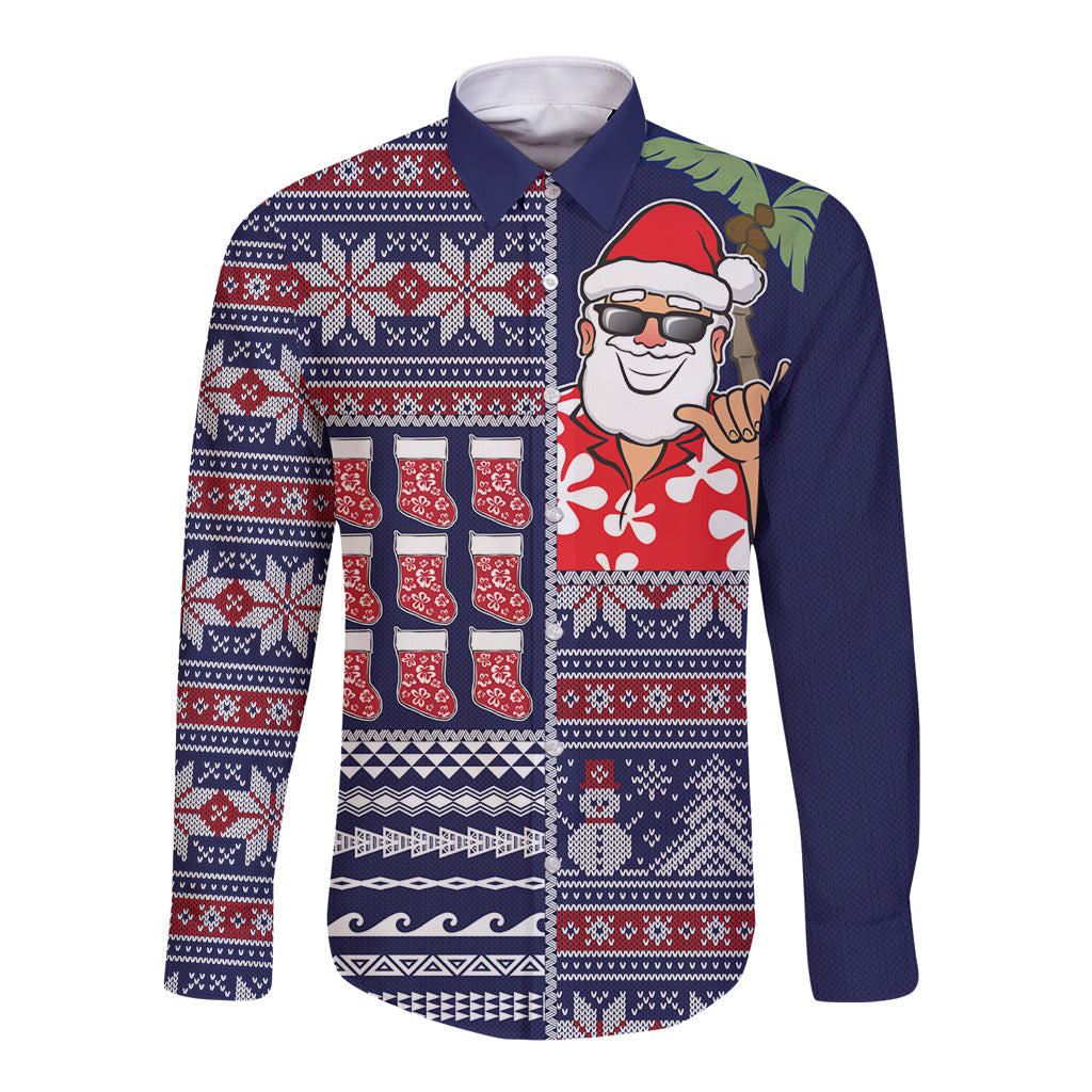 Hawaii Mele Kalikimaka Long Sleeve Button Shirt Aloha and Christmas Elements Patchwork Blue Style LT03 Unisex Blue - Polynesian Pride