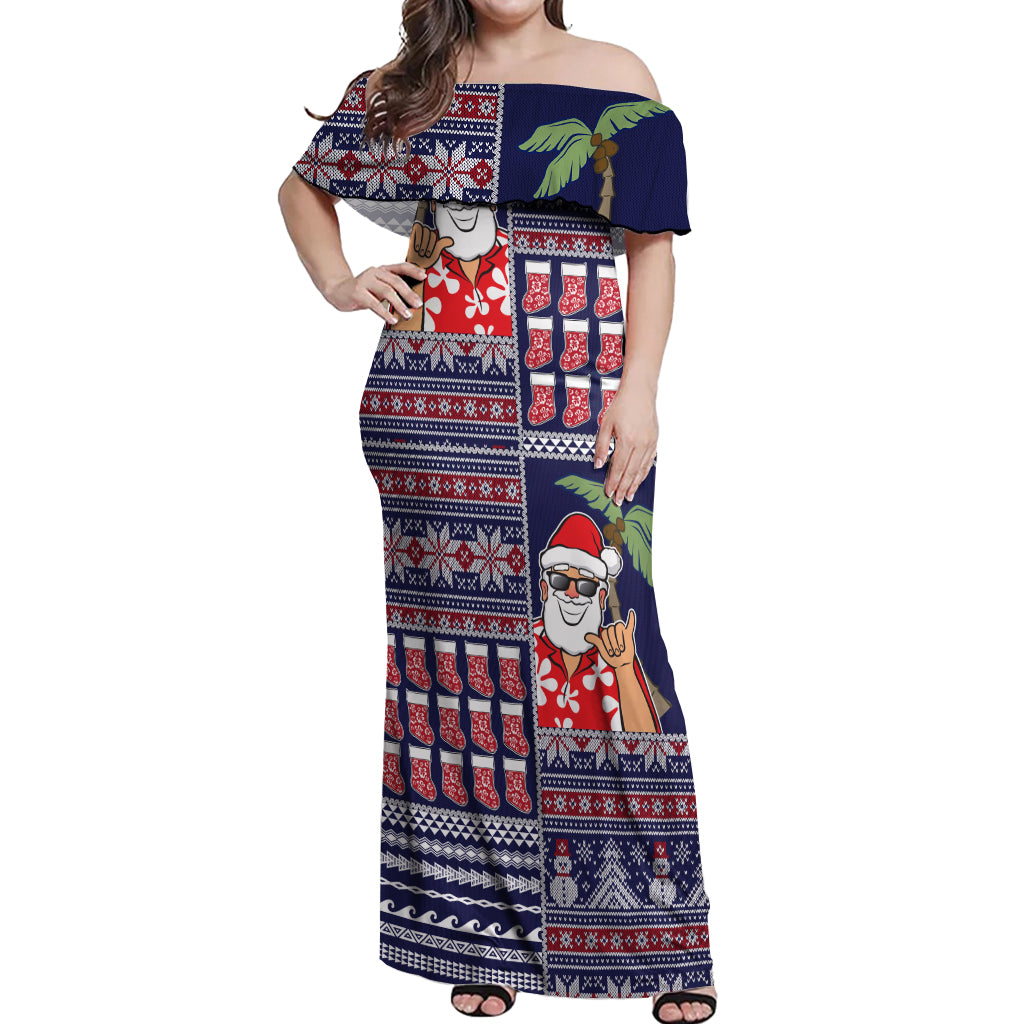Hawaii Mele Kalikimaka Off Shoulder Maxi Dress Aloha and Christmas Elements Patchwork Blue Style LT03 Women Blue - Polynesian Pride