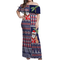 Hawaii Mele Kalikimaka Off Shoulder Maxi Dress Aloha and Christmas Elements Patchwork Blue Style LT03 Women Blue - Polynesian Pride