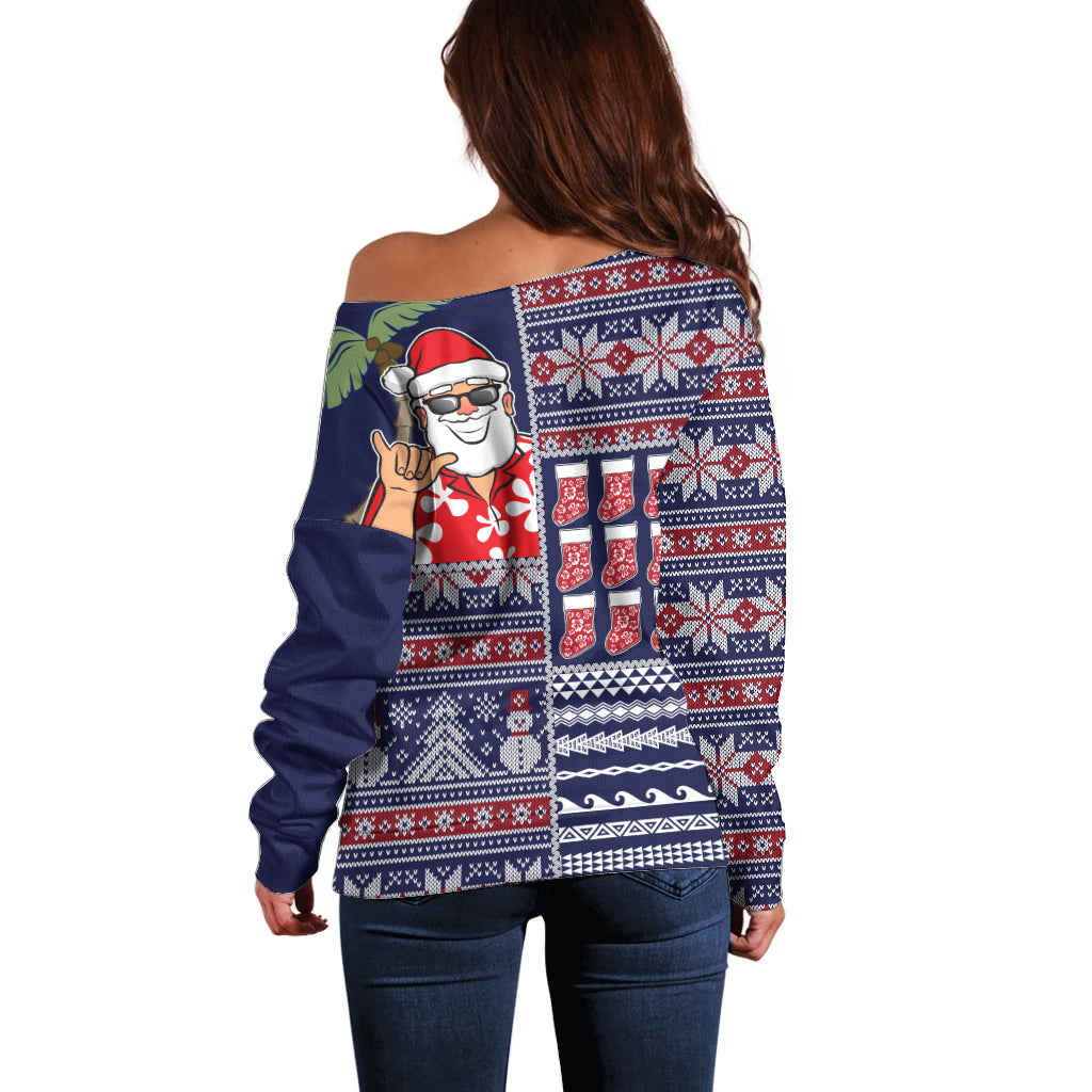 Hawaii Mele Kalikimaka Off Shoulder Sweater Aloha and Christmas Elements Patchwork Blue Style LT03 - Polynesian Pride