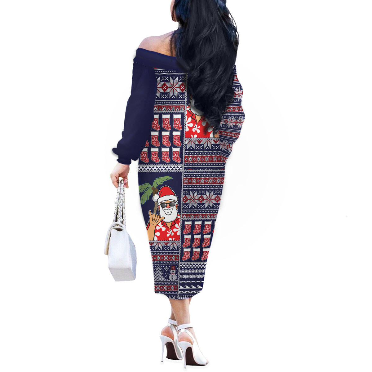 Hawaii Mele Kalikimaka Off The Shoulder Long Sleeve Dress Aloha and Christmas Elements Patchwork Blue Style LT03 - Polynesian Pride