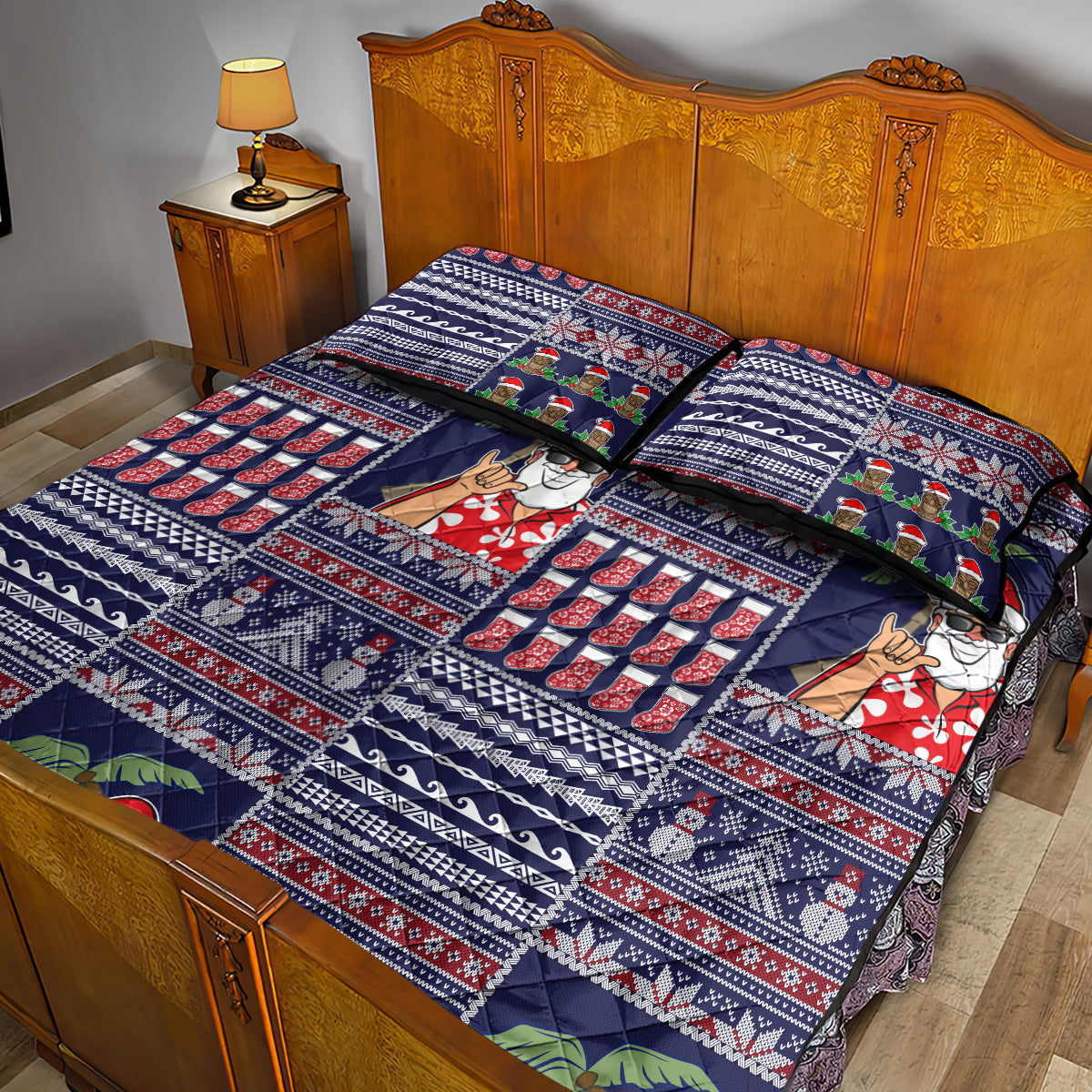 Hawaii Mele Kalikimaka Quilt Bed Set Aloha and Christmas Elements Patchwork Blue Style LT03 - Polynesian Pride