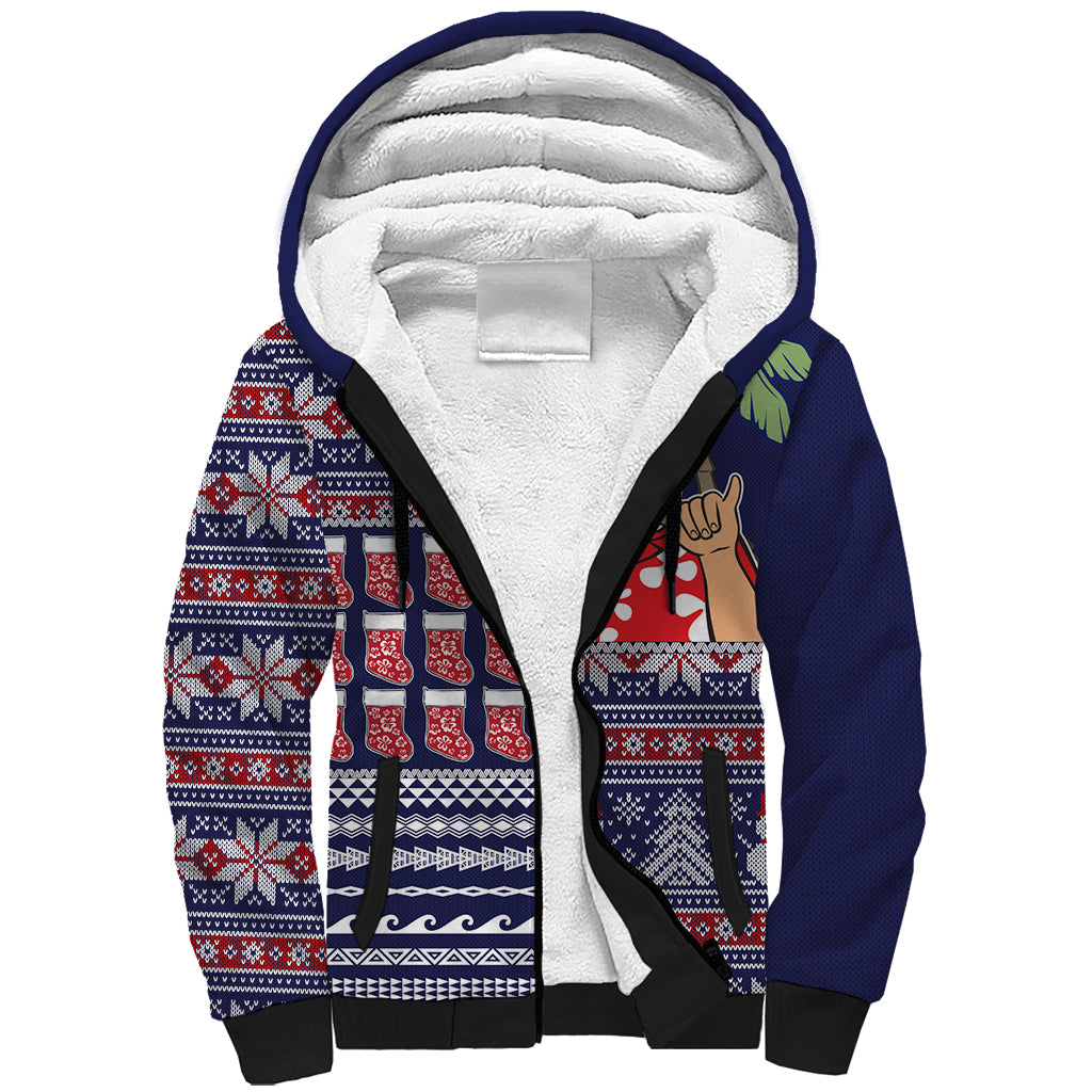 Hawaii Mele Kalikimaka Sherpa Hoodie Aloha and Christmas Elements Patchwork Blue Style LT03 Unisex Blue - Polynesian Pride