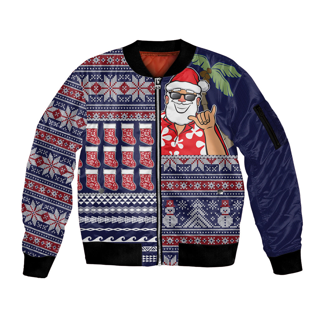 Hawaii Mele Kalikimaka Sleeve Zip Bomber Jacket Aloha and Christmas Elements Patchwork Blue Style LT03 Unisex Blue - Polynesian Pride