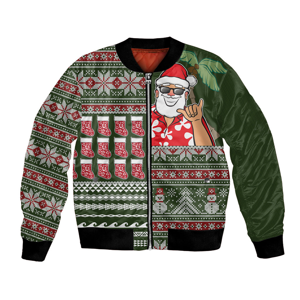 Hawaii Mele Kalikimaka Bomber Jacket Aloha and Christmas Elements Patchwork Green Style LT03 Unisex Green - Polynesian Pride