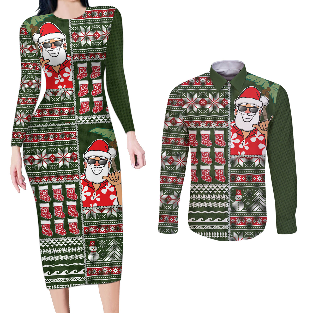 Hawaii Mele Kalikimaka Couples Matching Long Sleeve Bodycon Dress and Long Sleeve Button Shirt Aloha and Christmas Elements Patchwork Green Style LT03 Green - Polynesian Pride