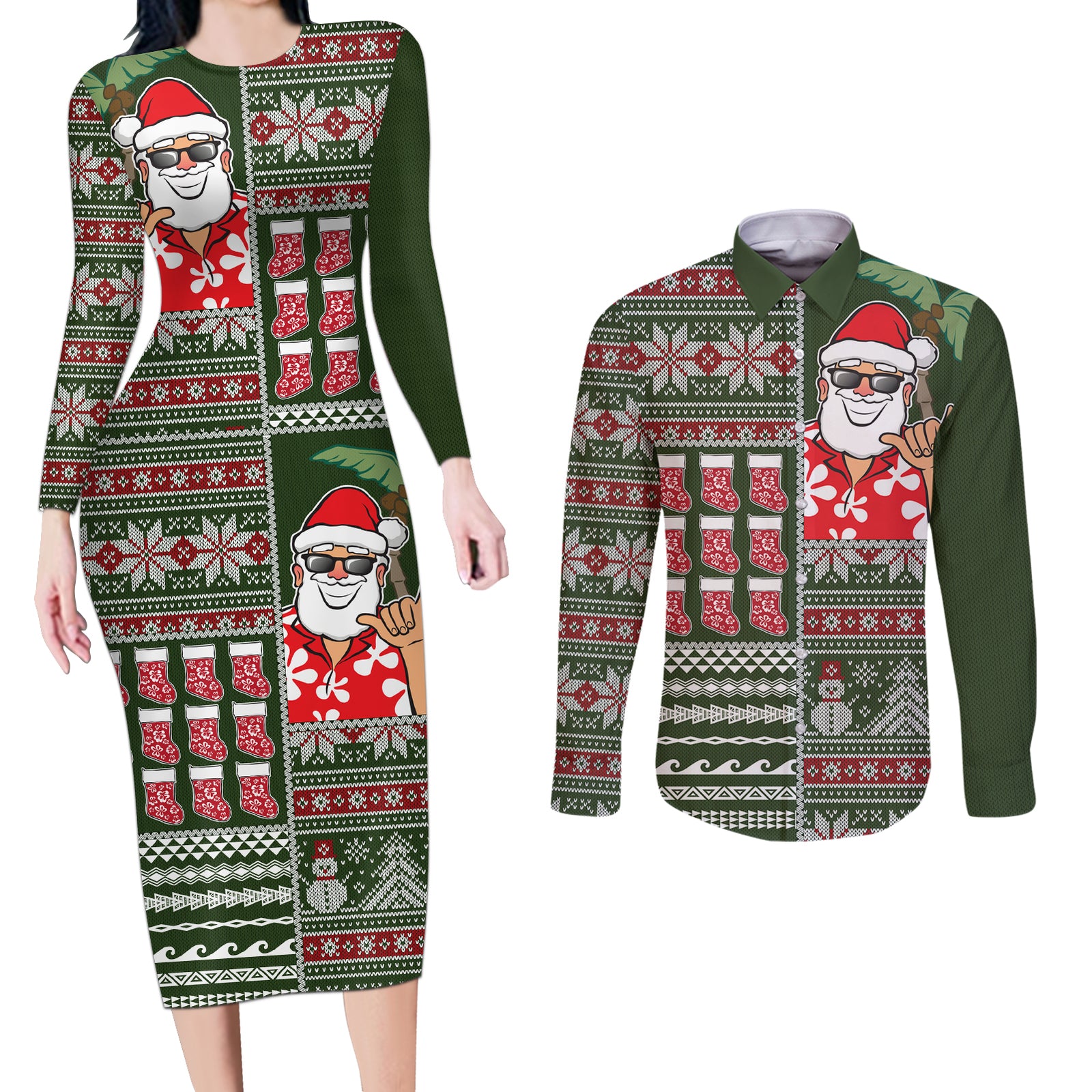 Hawaii Mele Kalikimaka Couples Matching Long Sleeve Bodycon Dress and Long Sleeve Button Shirt Aloha and Christmas Elements Patchwork Green Style LT03 Green - Polynesian Pride