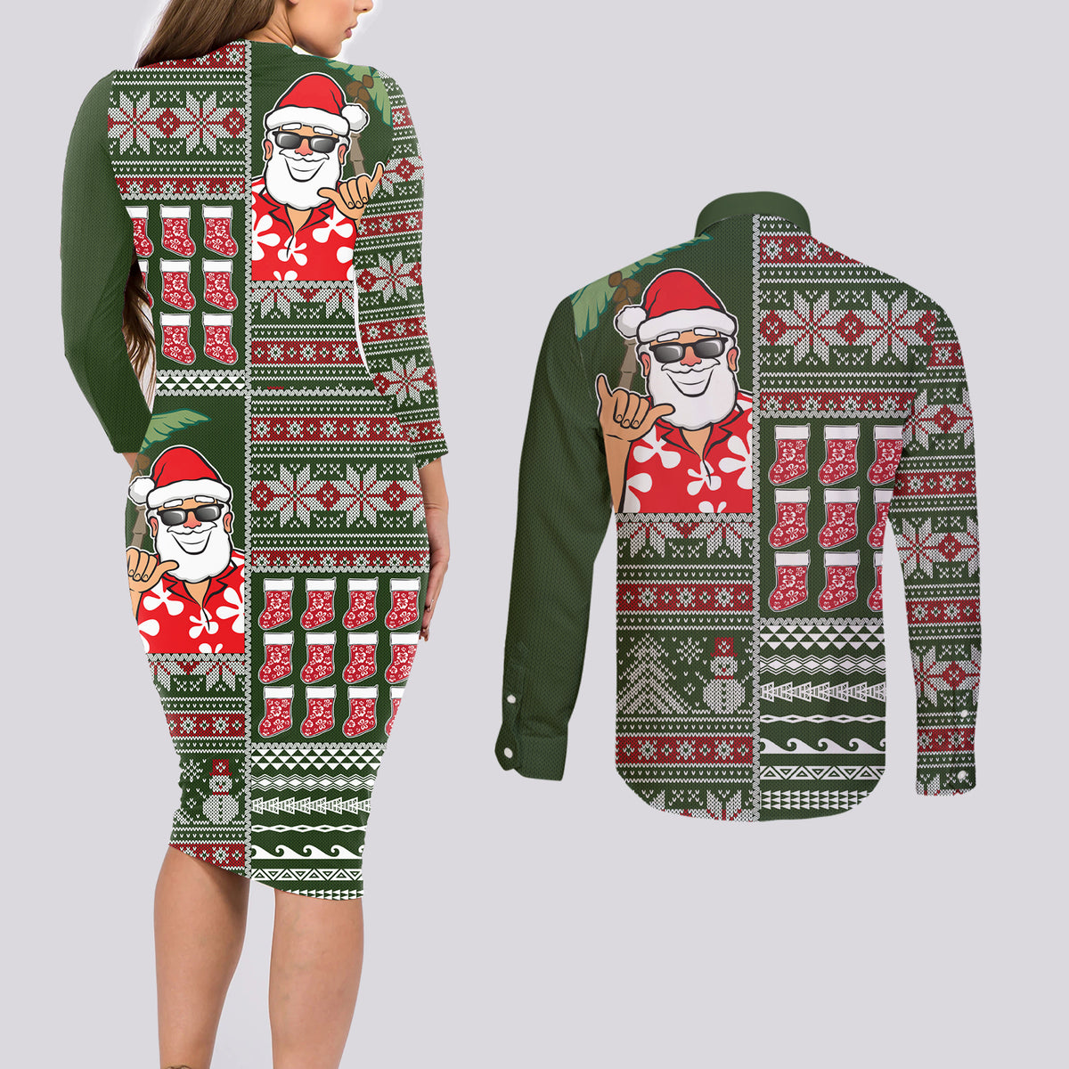 Hawaii Mele Kalikimaka Couples Matching Long Sleeve Bodycon Dress and Long Sleeve Button Shirt Aloha and Christmas Elements Patchwork Green Style LT03 - Polynesian Pride
