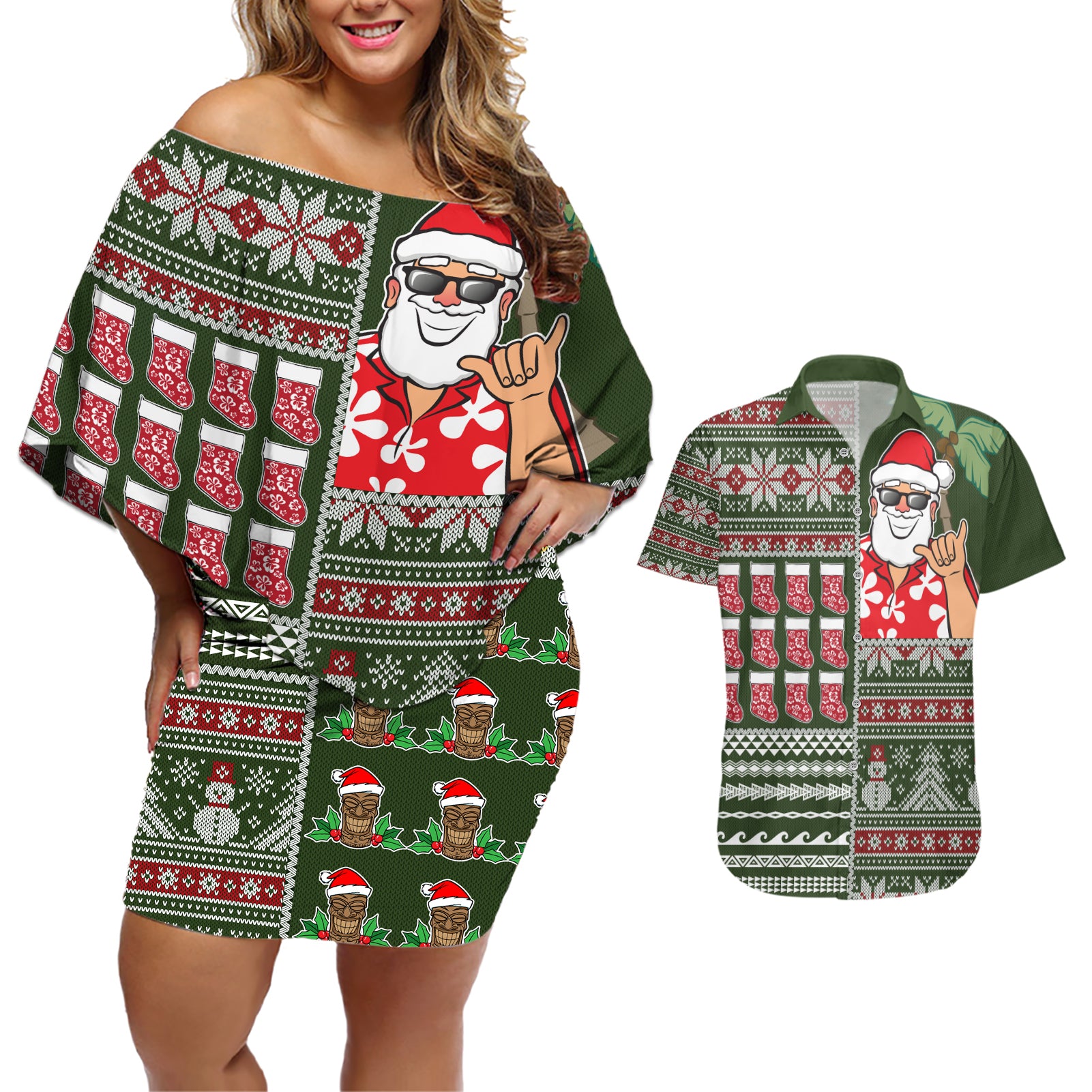 Hawaii Mele Kalikimaka Couples Matching Off Shoulder Short Dress and Hawaiian Shirt Aloha and Christmas Elements Patchwork Green Style LT03 Green - Polynesian Pride