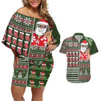 Hawaii Mele Kalikimaka Couples Matching Off Shoulder Short Dress and Hawaiian Shirt Aloha and Christmas Elements Patchwork Green Style LT03 Green - Polynesian Pride