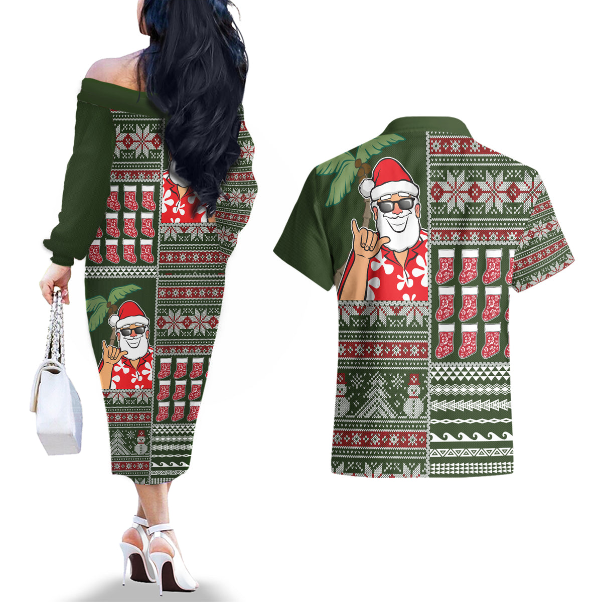 Hawaii Mele Kalikimaka Couples Matching Off The Shoulder Long Sleeve Dress and Hawaiian Shirt Aloha and Christmas Elements Patchwork Green Style LT03 - Polynesian Pride