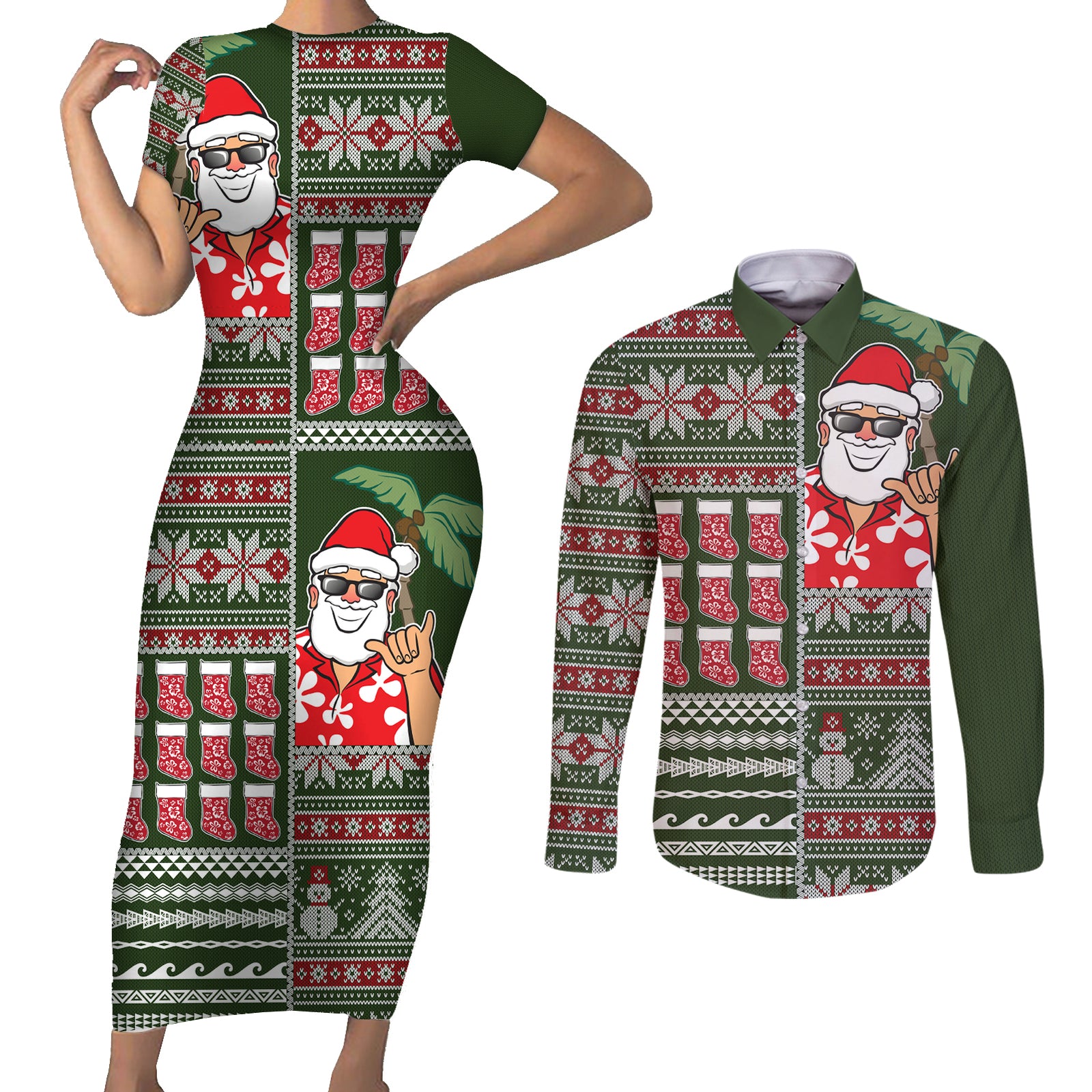 Hawaii Mele Kalikimaka Couples Matching Short Sleeve Bodycon Dress and Long Sleeve Button Shirt Aloha and Christmas Elements Patchwork Green Style LT03 Green - Polynesian Pride