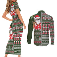 Hawaii Mele Kalikimaka Couples Matching Short Sleeve Bodycon Dress and Long Sleeve Button Shirt Aloha and Christmas Elements Patchwork Green Style LT03 - Polynesian Pride