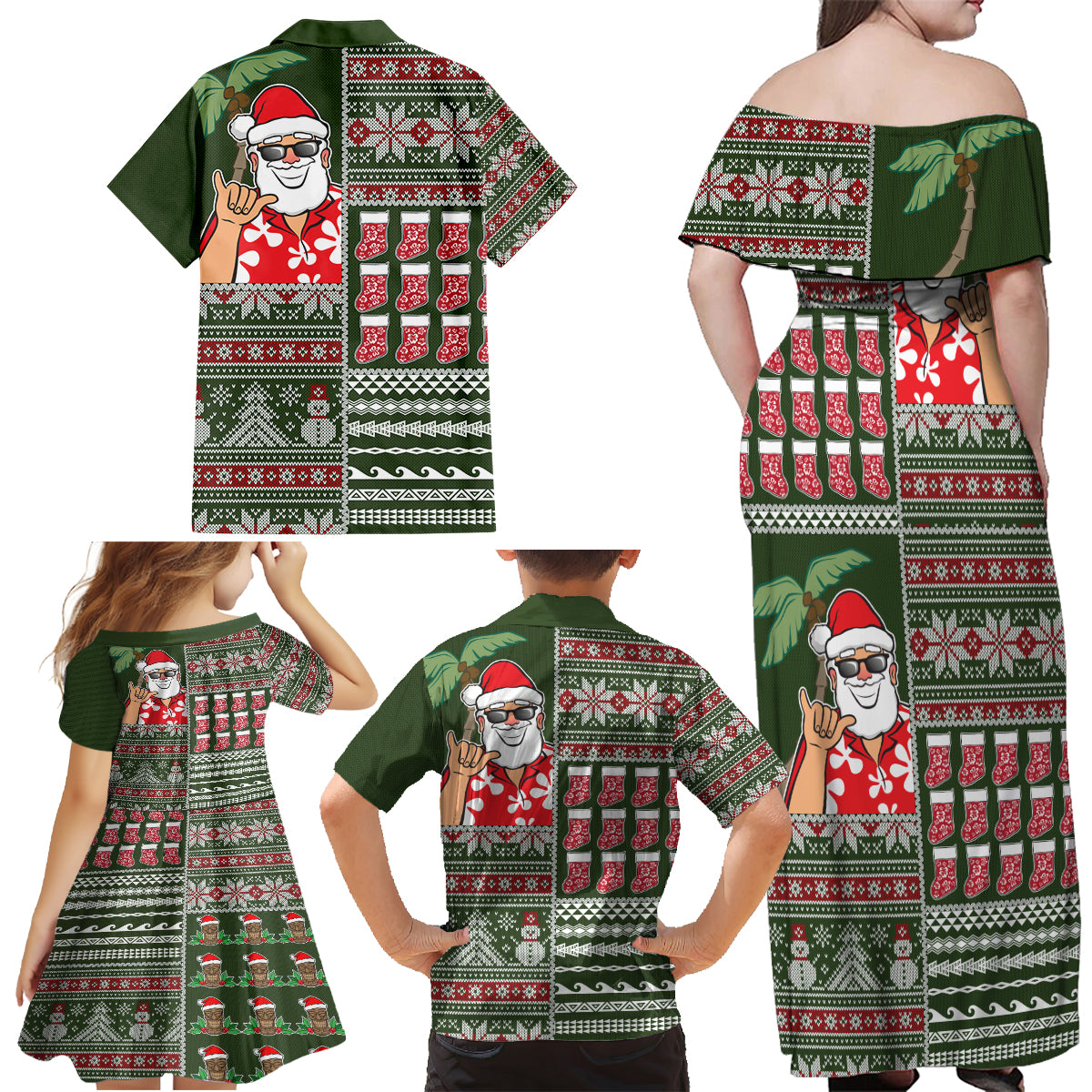 Hawaii Mele Kalikimaka Family Matching Off Shoulder Maxi Dress and Hawaiian Shirt Aloha and Christmas Elements Patchwork Green Style LT03 - Polynesian Pride