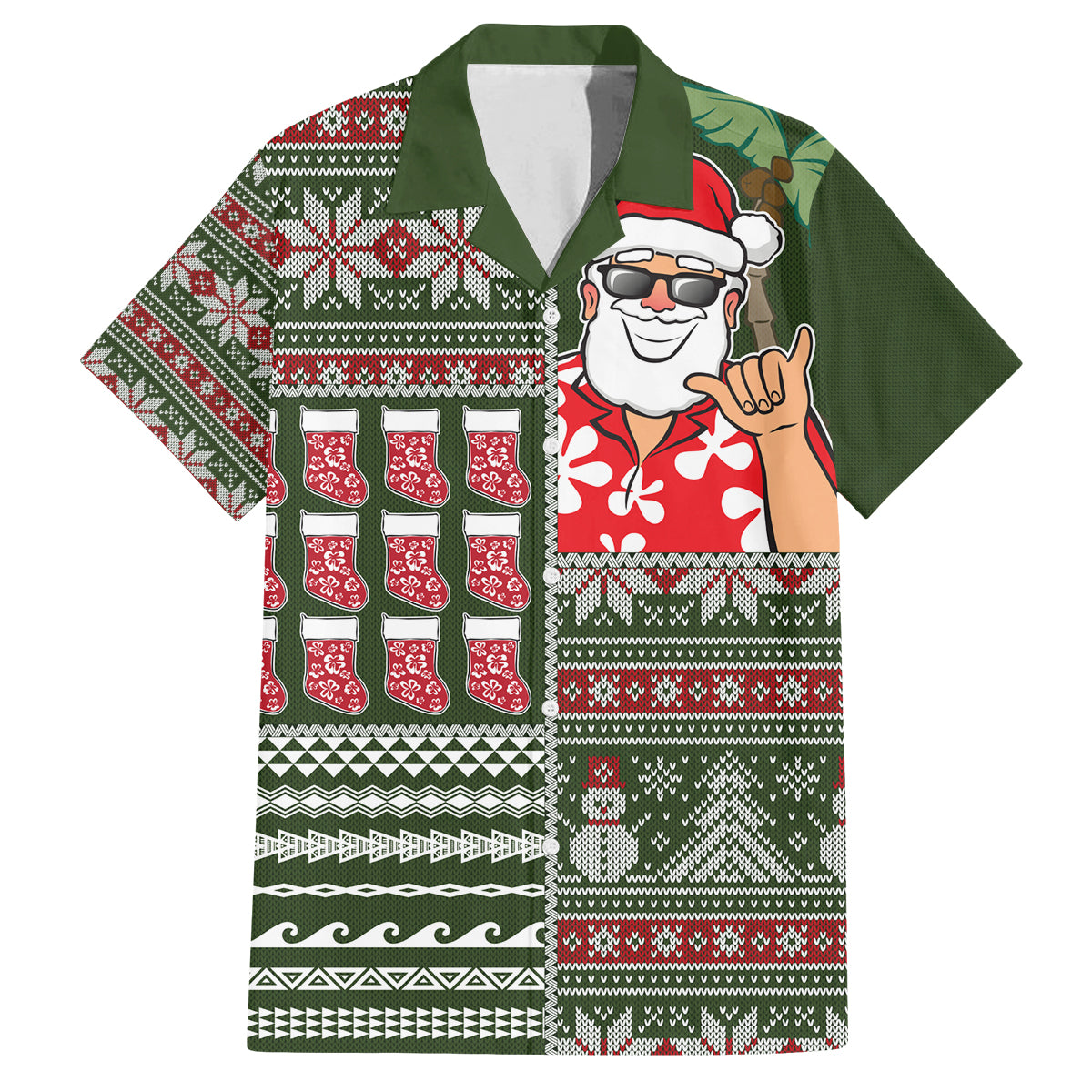 Hawaii Mele Kalikimaka Family Matching Off Shoulder Maxi Dress and Hawaiian Shirt Aloha and Christmas Elements Patchwork Green Style LT03 Dad's Shirt - Short Sleeve Green - Polynesian Pride