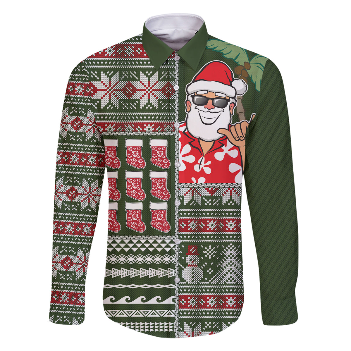 Hawaii Mele Kalikimaka Family Matching Off Shoulder Maxi Dress and Hawaiian Shirt Aloha and Christmas Elements Patchwork Green Style LT03 Dad's Shirt - Long Sleeve Green - Polynesian Pride