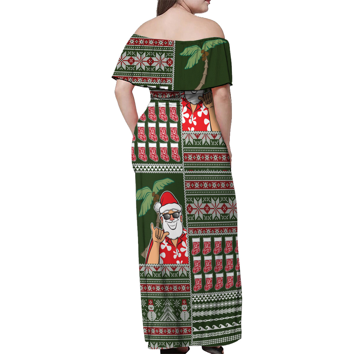 Hawaii Mele Kalikimaka Family Matching Off Shoulder Maxi Dress and Hawaiian Shirt Aloha and Christmas Elements Patchwork Green Style LT03 - Polynesian Pride