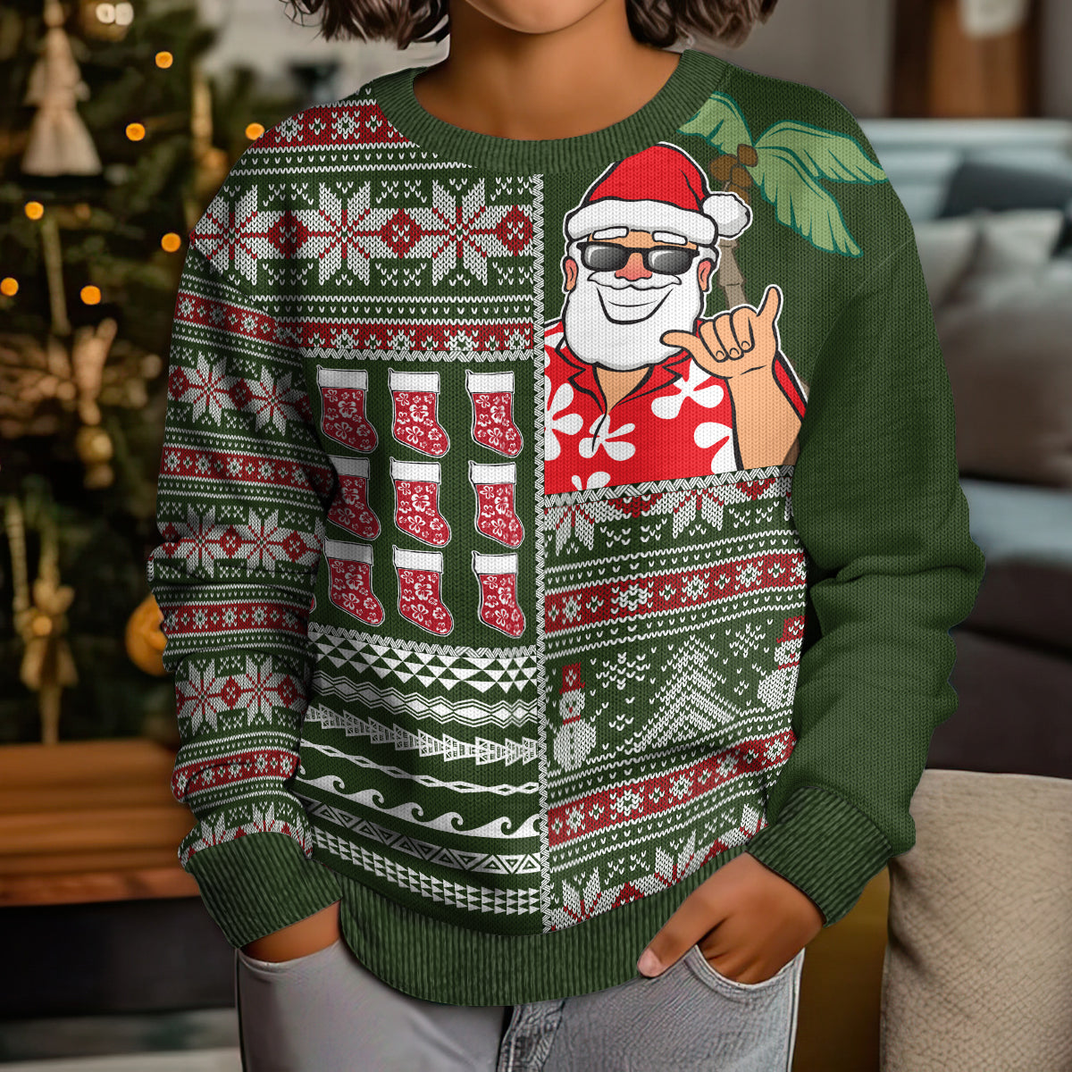Hawaii Mele Kalikimaka Kid Ugly Christmas Sweater Aloha and Christmas Elements Patchwork Green Style LT03 - Polynesian Pride