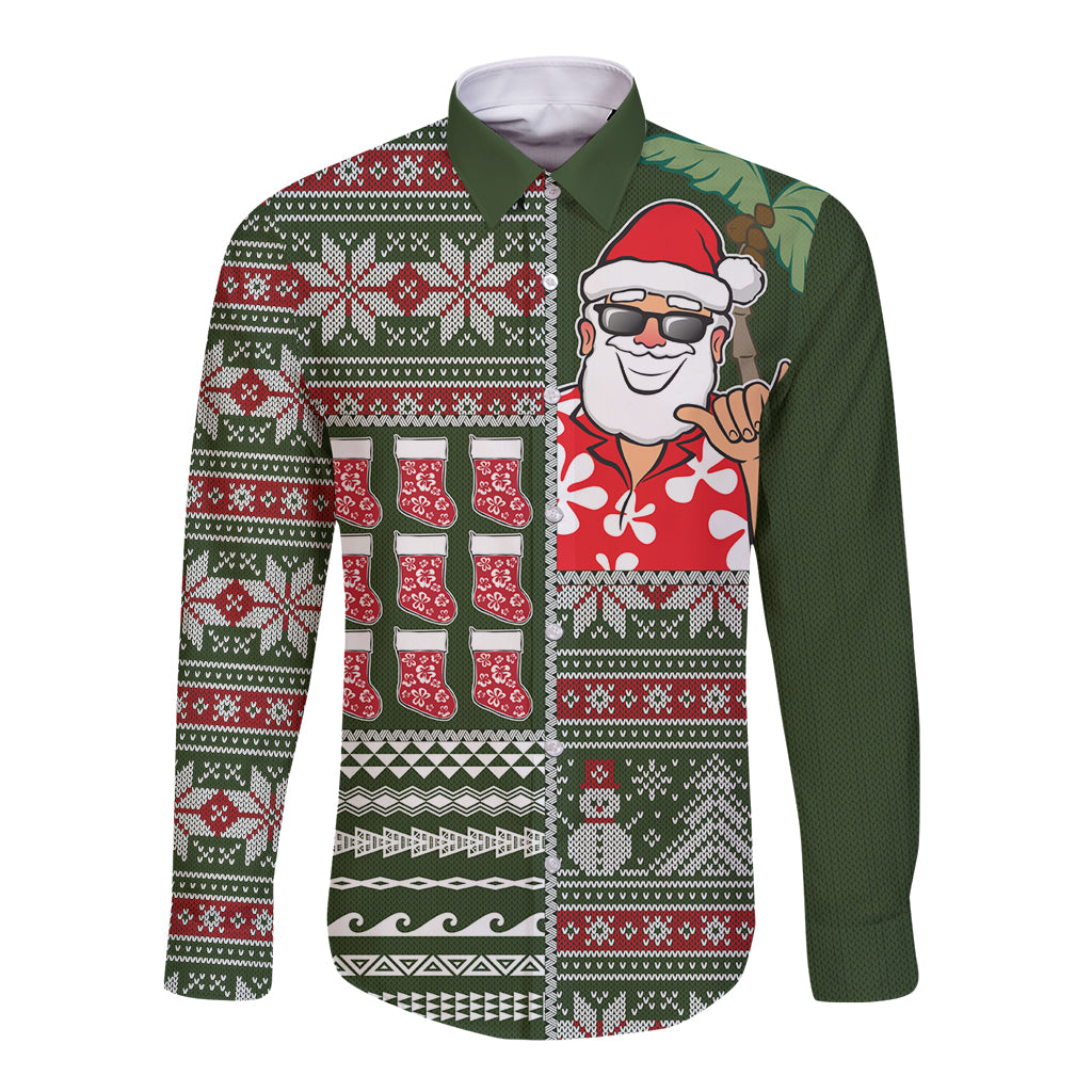 Hawaii Mele Kalikimaka Long Sleeve Button Shirt Aloha and Christmas Elements Patchwork Green Style LT03 Unisex Green - Polynesian Pride