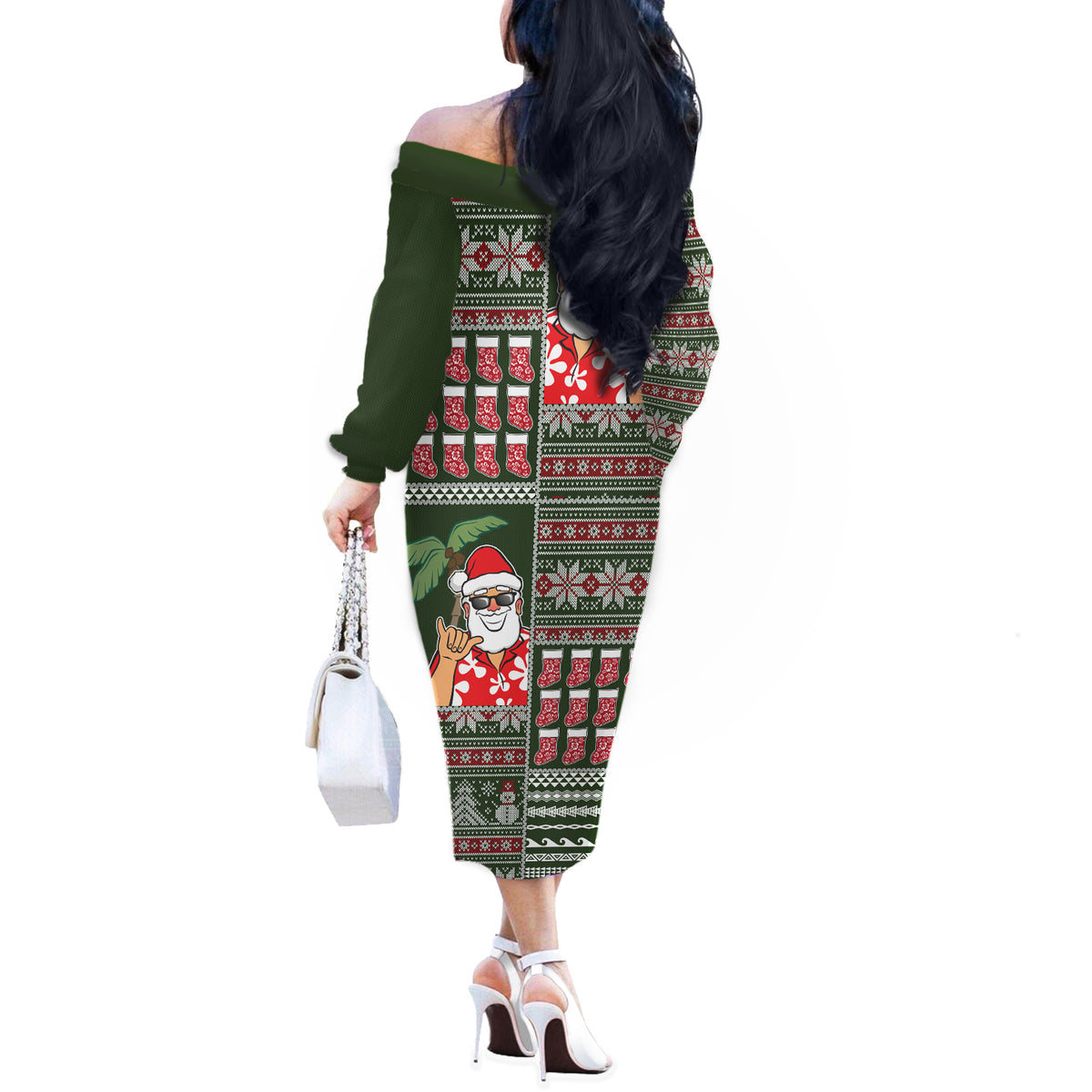 Hawaii Mele Kalikimaka Off The Shoulder Long Sleeve Dress Aloha and Christmas Elements Patchwork Green Style LT03 - Polynesian Pride
