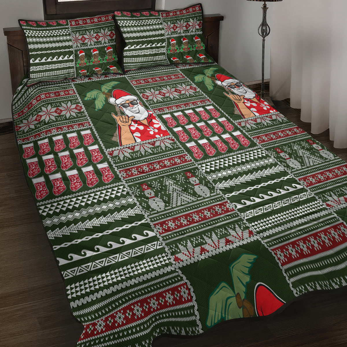 Hawaii Mele Kalikimaka Quilt Bed Set Aloha and Christmas Elements Patchwork Green Style LT03 - Polynesian Pride