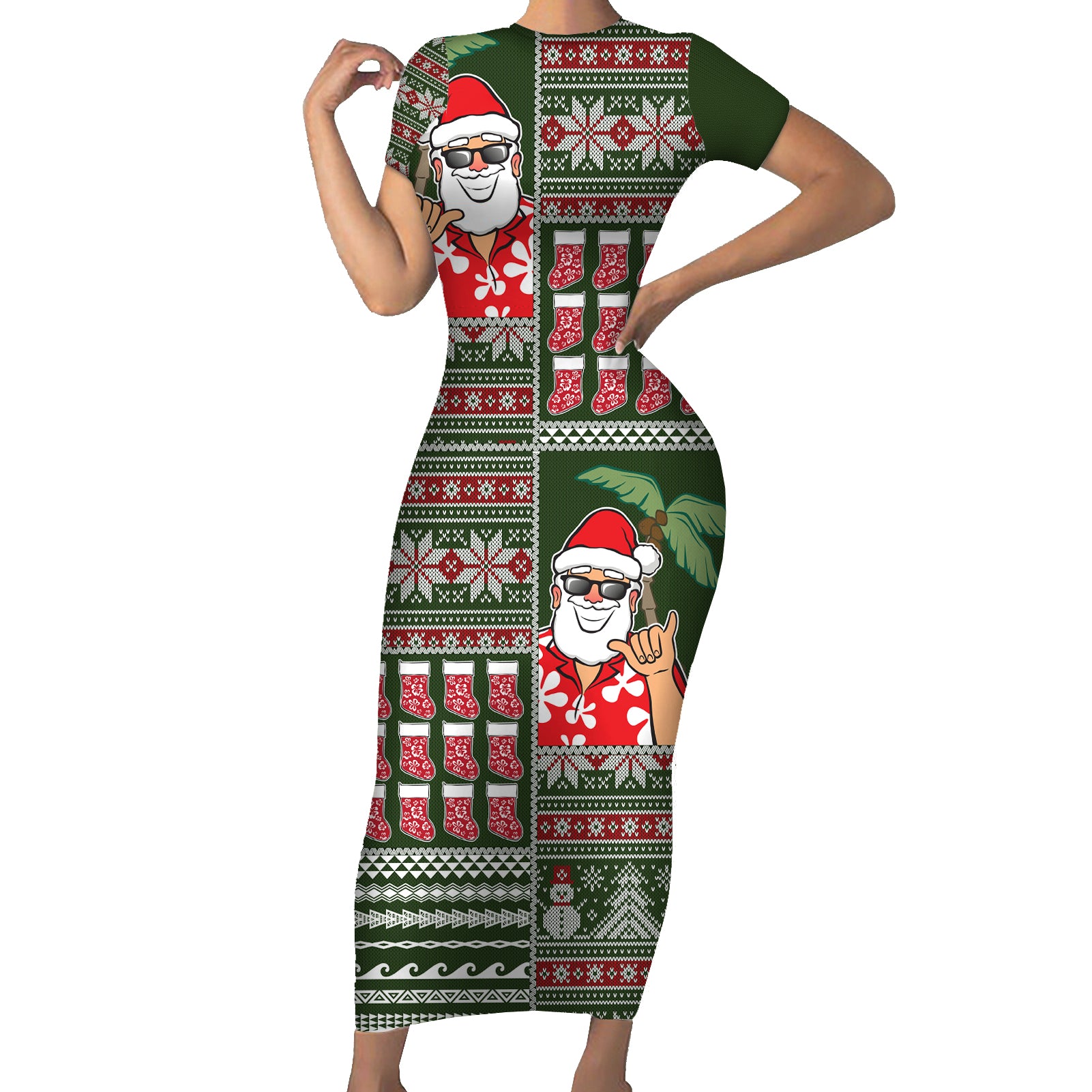 Hawaii Mele Kalikimaka Short Sleeve Bodycon Dress Aloha and Christmas Elements Patchwork Green Style LT03 Long Dress Green - Polynesian Pride