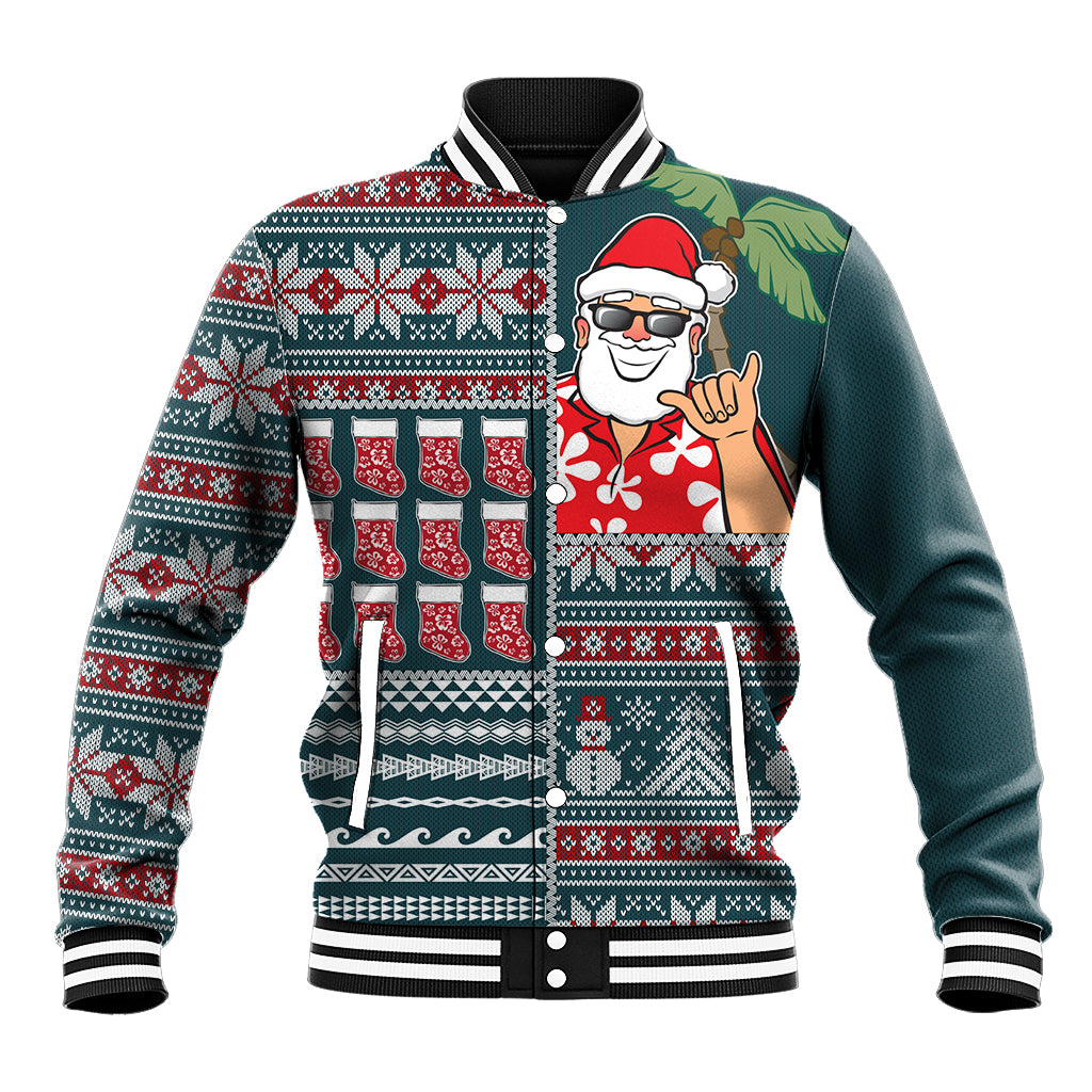 Hawaii Mele Kalikimaka Baseball Jacket Aloha and Christmas Elements Patchwork Turquoise Style LT03 Unisex Turquoise - Polynesian Pride