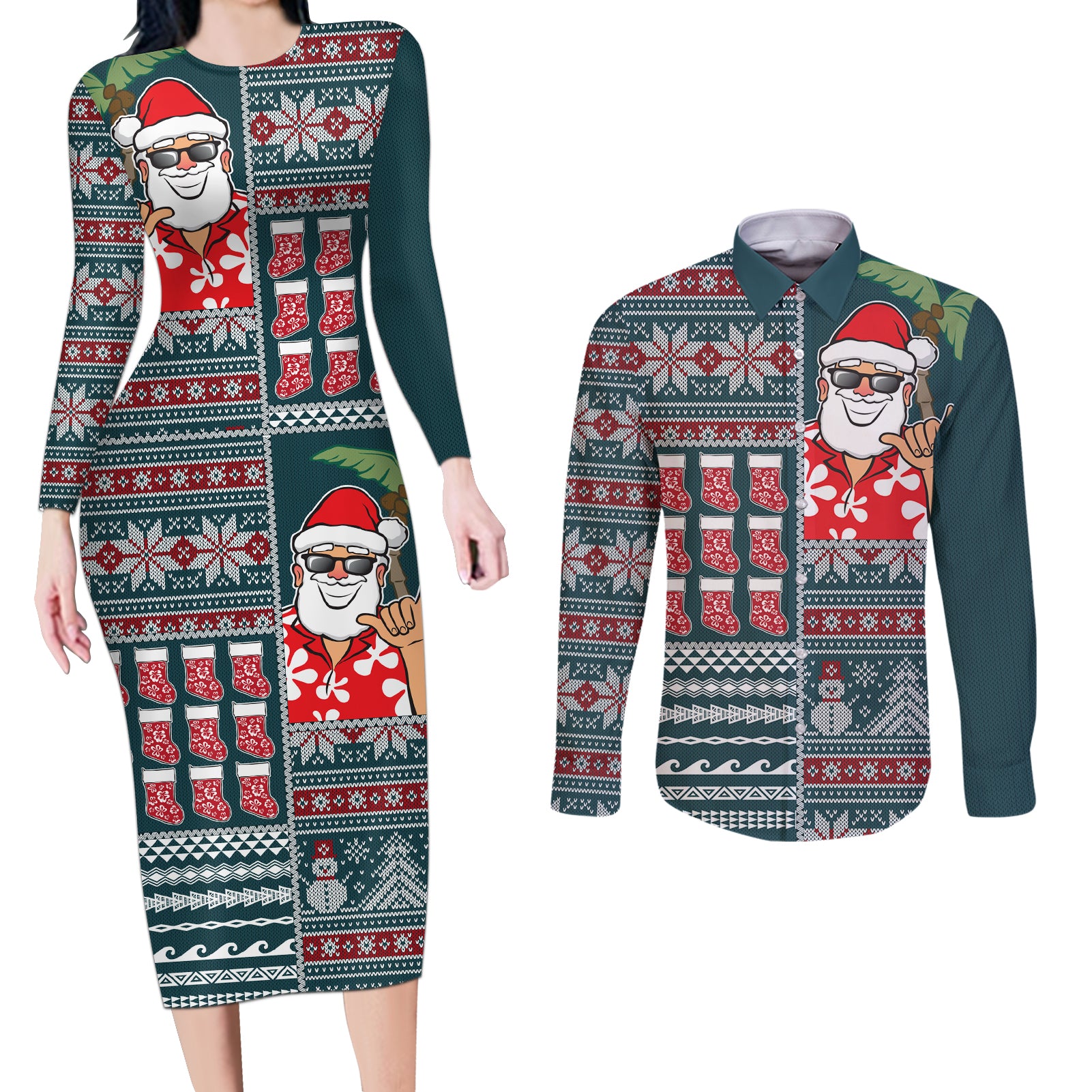 Hawaii Mele Kalikimaka Couples Matching Long Sleeve Bodycon Dress and Long Sleeve Button Shirt Aloha and Christmas Elements Patchwork Turquoise Style LT03 Turquoise - Polynesian Pride