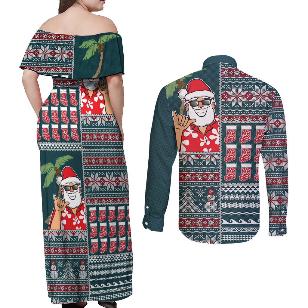 Hawaii Mele Kalikimaka Couples Matching Off Shoulder Maxi Dress and Long Sleeve Button Shirt Aloha and Christmas Elements Patchwork Turquoise Style LT03 - Polynesian Pride