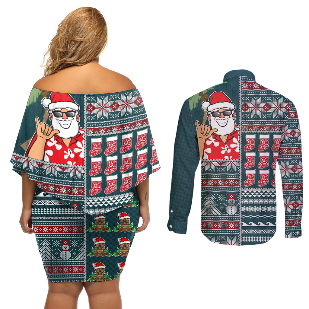 Hawaii Mele Kalikimaka Couples Matching Off Shoulder Short Dress and Long Sleeve Button Shirt Aloha and Christmas Elements Patchwork Turquoise Style LT03 - Polynesian Pride