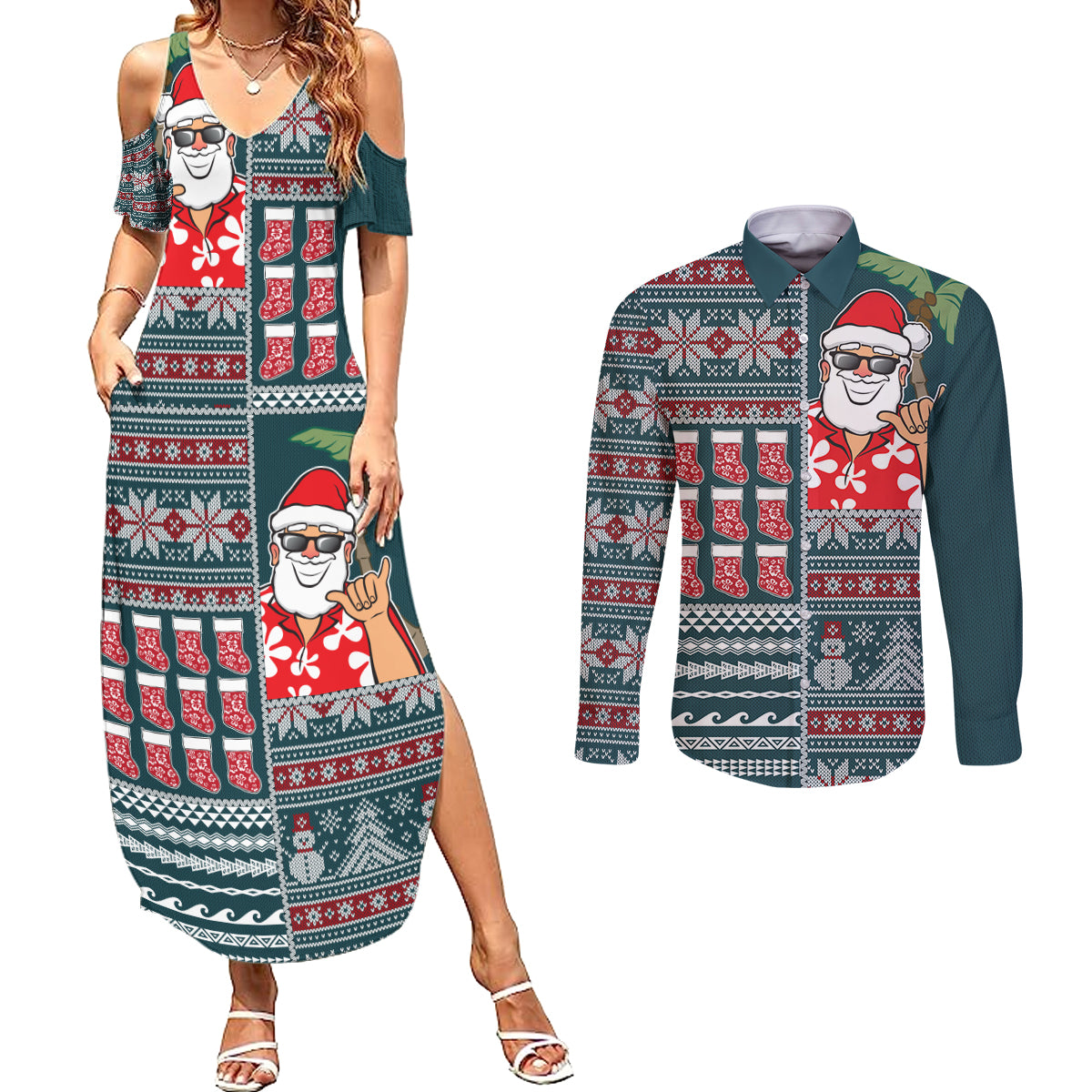 Hawaii Mele Kalikimaka Couples Matching Summer Maxi Dress and Long Sleeve Button Shirt Aloha and Christmas Elements Patchwork Turquoise Style LT03 Turquoise - Polynesian Pride