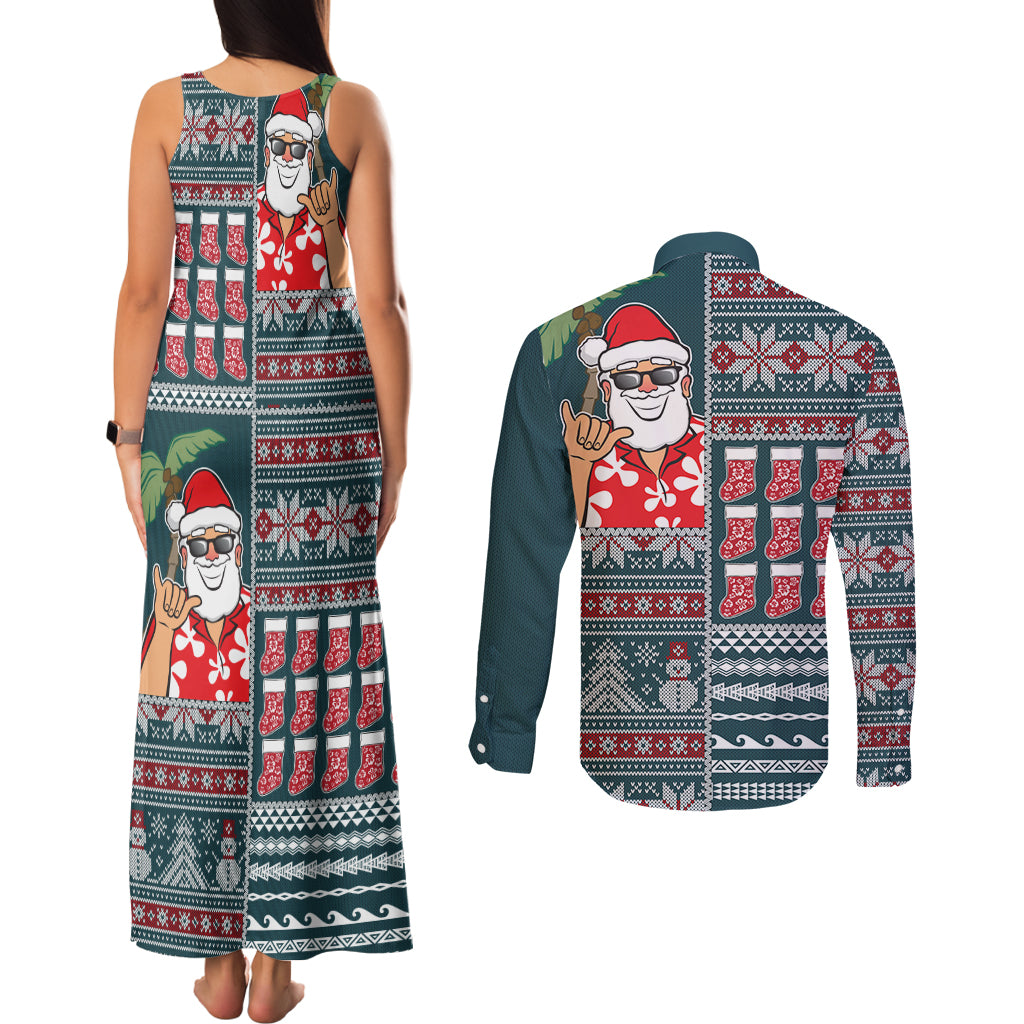 Hawaii Mele Kalikimaka Couples Matching Tank Maxi Dress and Long Sleeve Button Shirt Aloha and Christmas Elements Patchwork Turquoise Style LT03 - Polynesian Pride