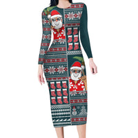 Hawaii Mele Kalikimaka Family Matching Long Sleeve Bodycon Dress and Hawaiian Shirt Aloha and Christmas Elements Patchwork Turquoise Style LT03 Mom's Dress Turquoise - Polynesian Pride