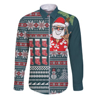 Hawaii Mele Kalikimaka Family Matching Off Shoulder Long Sleeve Dress and Hawaiian Shirt Aloha and Christmas Elements Patchwork Turquoise Style LT03 Dad's Shirt - Long Sleeve Turquoise - Polynesian Pride