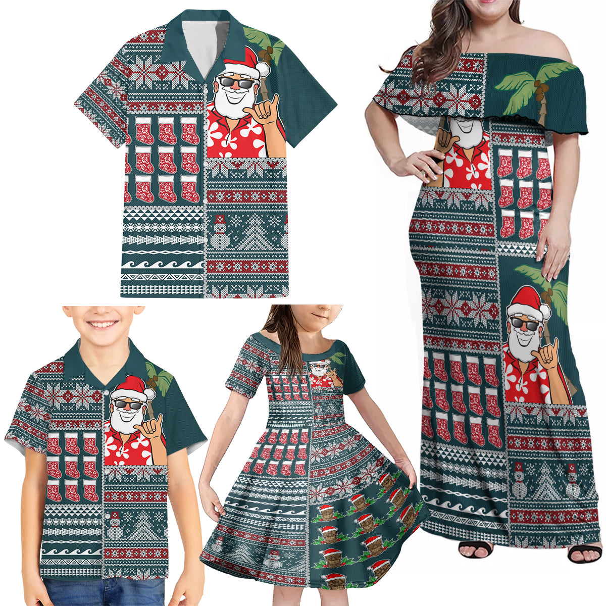 Hawaii Mele Kalikimaka Family Matching Off Shoulder Maxi Dress and Hawaiian Shirt Aloha and Christmas Elements Patchwork Turquoise Style LT03 - Polynesian Pride