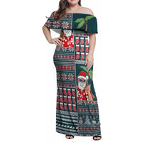 Hawaii Mele Kalikimaka Family Matching Off Shoulder Maxi Dress and Hawaiian Shirt Aloha and Christmas Elements Patchwork Turquoise Style LT03 Mom's Dress Turquoise - Polynesian Pride
