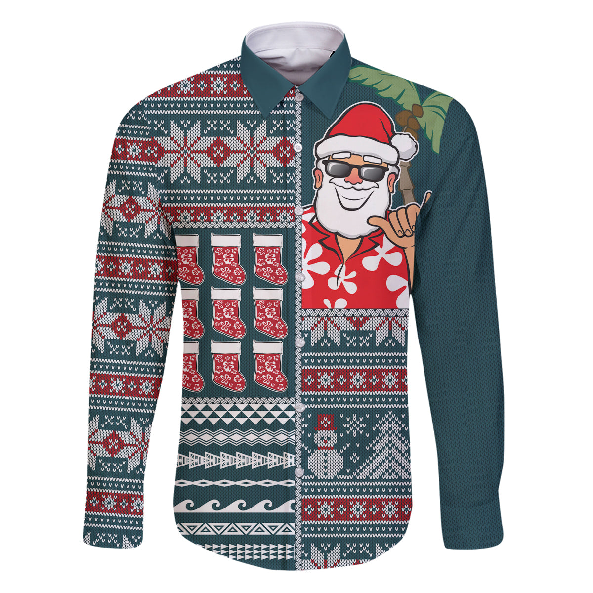 Hawaii Mele Kalikimaka Family Matching Puletasi Dress and Hawaiian Shirt Aloha and Christmas Elements Patchwork Turquoise Style LT03 Dad's Shirt - Long Sleeve Turquoise - Polynesian Pride