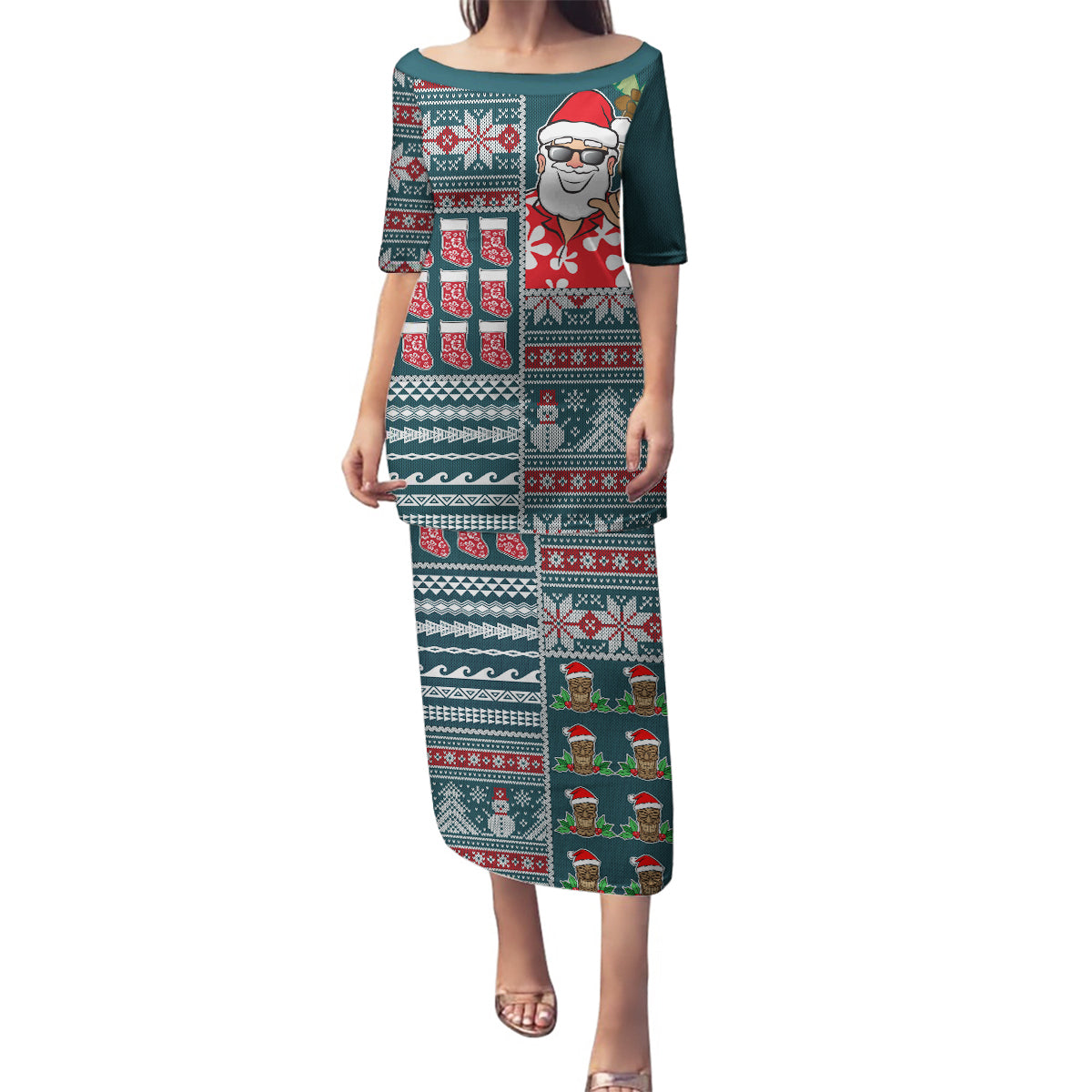 Hawaii Mele Kalikimaka Family Matching Puletasi Dress and Hawaiian Shirt Aloha and Christmas Elements Patchwork Turquoise Style LT03 Mom's Dress Turquoise - Polynesian Pride