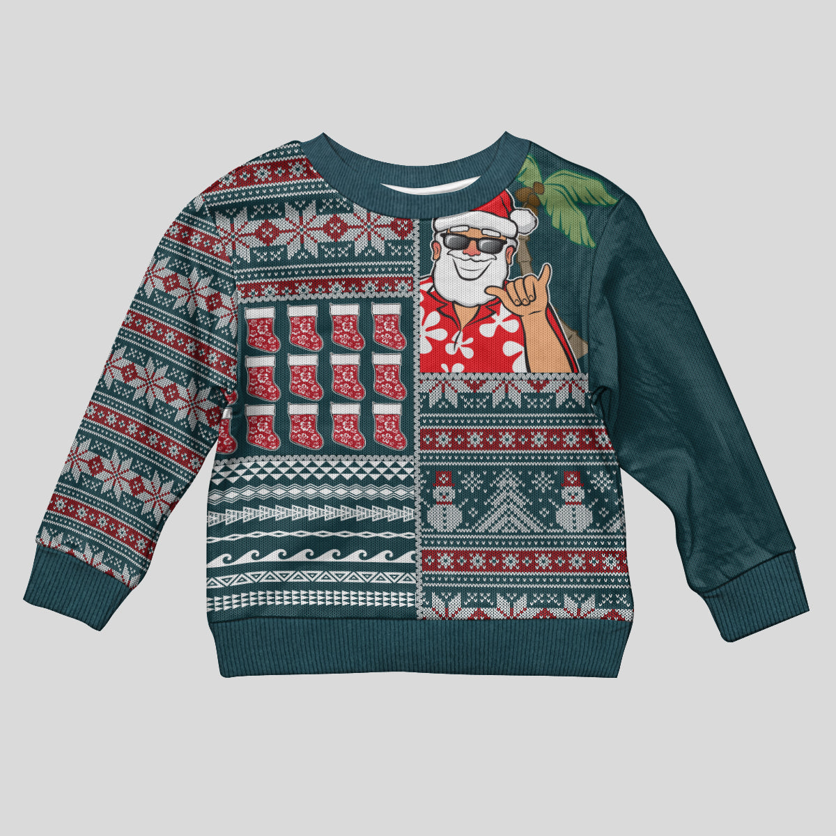 Hawaii Mele Kalikimaka Kid Ugly Christmas Sweater Aloha and Christmas Elements Patchwork Turquoise Style LT03 Kid Turquoise - Polynesian Pride