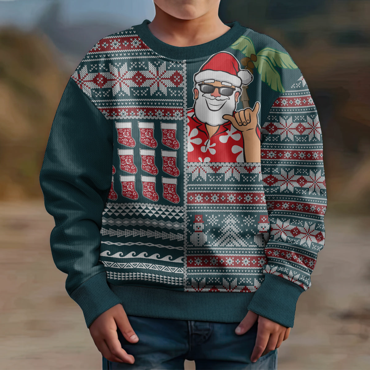 Hawaii Mele Kalikimaka Kid Ugly Christmas Sweater Aloha and Christmas Elements Patchwork Turquoise Style LT03 - Polynesian Pride