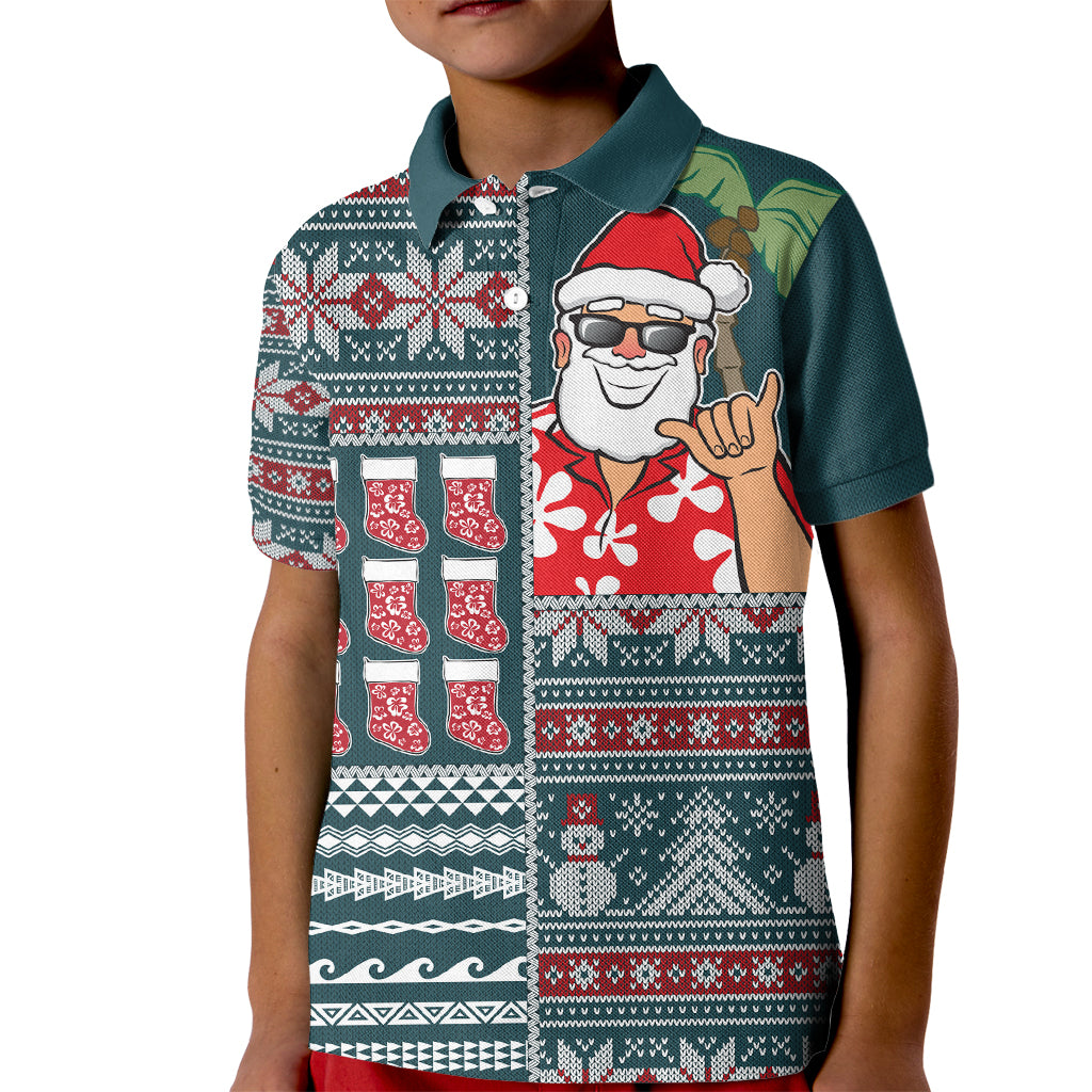 Hawaii Mele Kalikimaka Kid Polo Shirt Aloha and Christmas Elements Patchwork Turquoise Style LT03 Kid Turquoise - Polynesian Pride