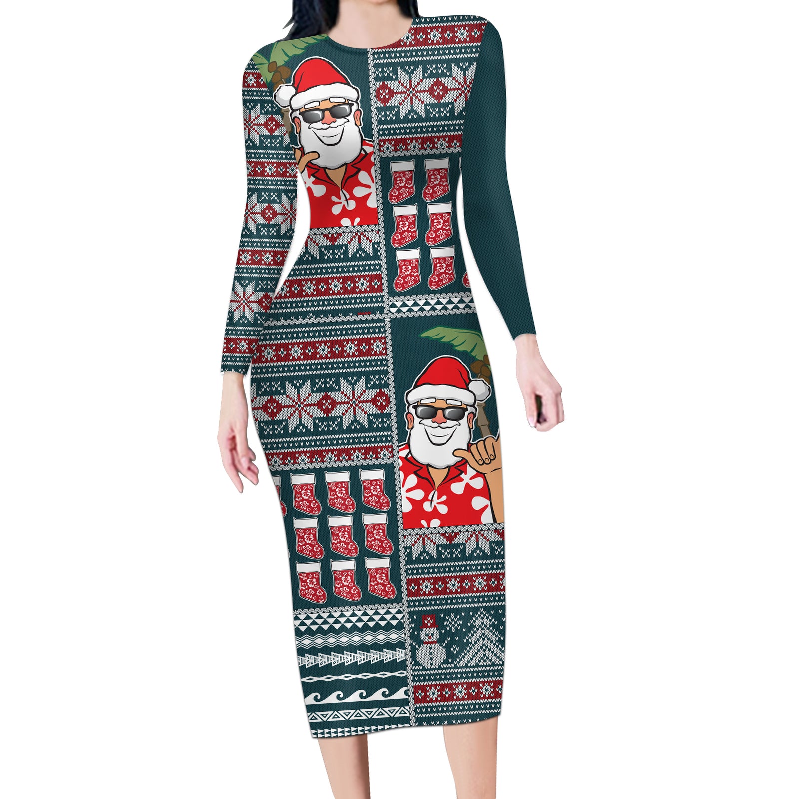 Hawaii Mele Kalikimaka Long Sleeve Bodycon Dress Aloha and Christmas Elements Patchwork Turquoise Style LT03 Long Dress Turquoise - Polynesian Pride