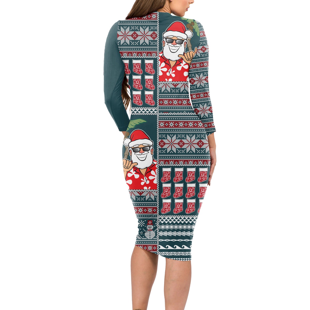 Hawaii Mele Kalikimaka Long Sleeve Bodycon Dress Aloha and Christmas Elements Patchwork Turquoise Style LT03 - Polynesian Pride