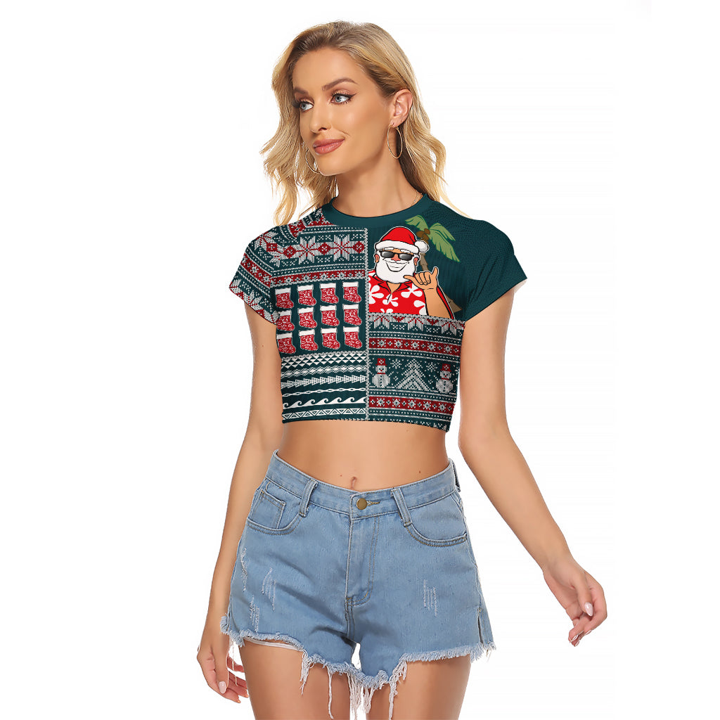 Hawaii Mele Kalikimaka Raglan Cropped T Shirt Aloha and Christmas Elements Patchwork Turquoise Style LT03 Female Turquoise - Polynesian Pride