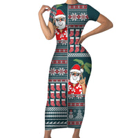 Hawaii Mele Kalikimaka Short Sleeve Bodycon Dress Aloha and Christmas Elements Patchwork Turquoise Style LT03 Long Dress Turquoise - Polynesian Pride