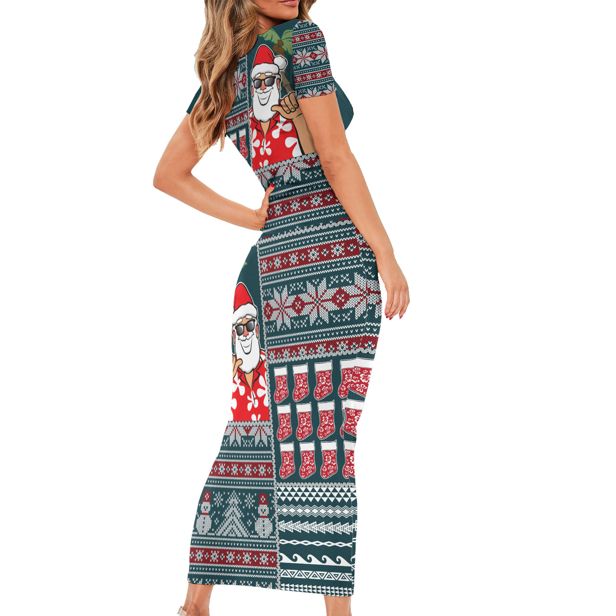 Hawaii Mele Kalikimaka Short Sleeve Bodycon Dress Aloha and Christmas Elements Patchwork Turquoise Style LT03 - Polynesian Pride